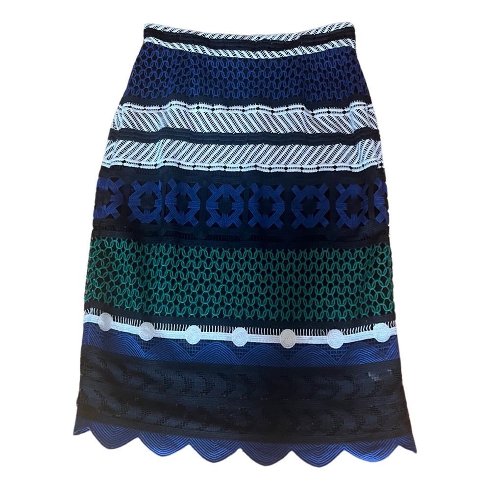 Sea NY Used Crochet Stripe Pencil Skirt Black White Blue Green Scalloped Sz 6 - Picture 2 of 8